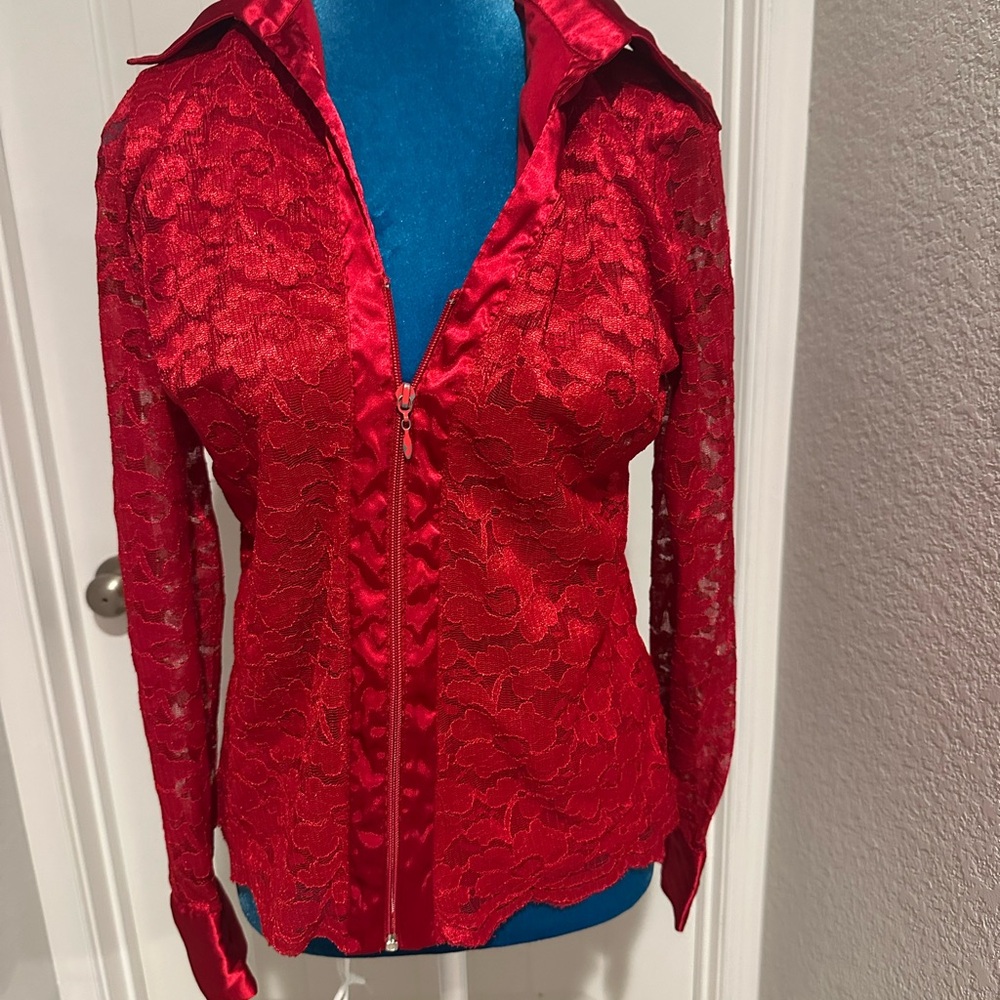 Women’s Red Lace Zip-Up Blouse/Jacket – Size Medium
